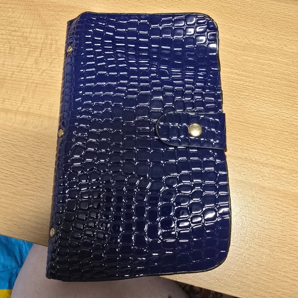 Accessories - Navy Blue Croc Embossed Patent Card Holder Organizer Wallet Snap Closure